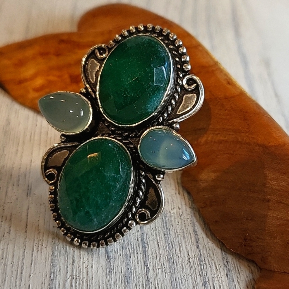 Simulated Emerald & Onyx Ring - 925 Plated
